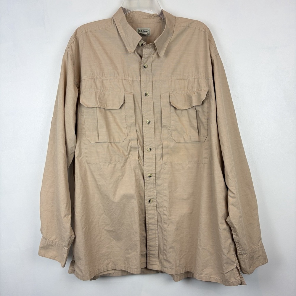 LL Bean Button Shirt Mens XL Regular Beige Long Sleeve Camping Outdoor O CGJ7